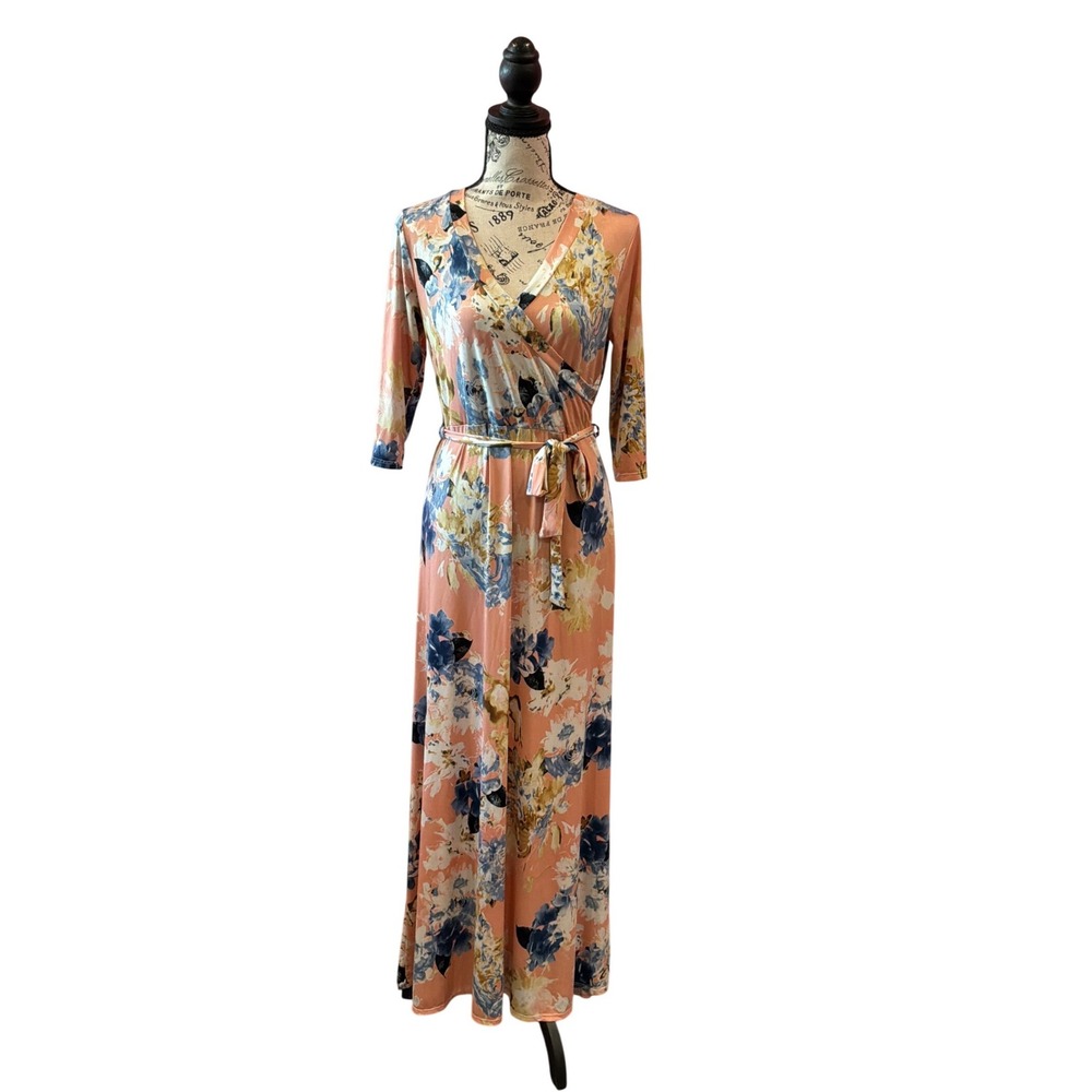 Lara‎ Fashion Peach Floral Faux Wrap Maxi Dress 3/4 Sleeve Medium Made in USA